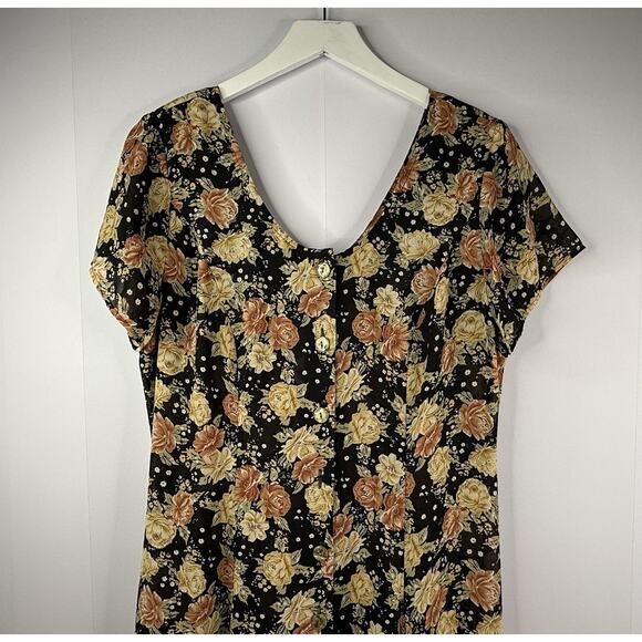 Vtg 90s Express Button Front Dress 13 14 XL Prairie Dark Floral Romantic Sheer - Picture 2 of 10
